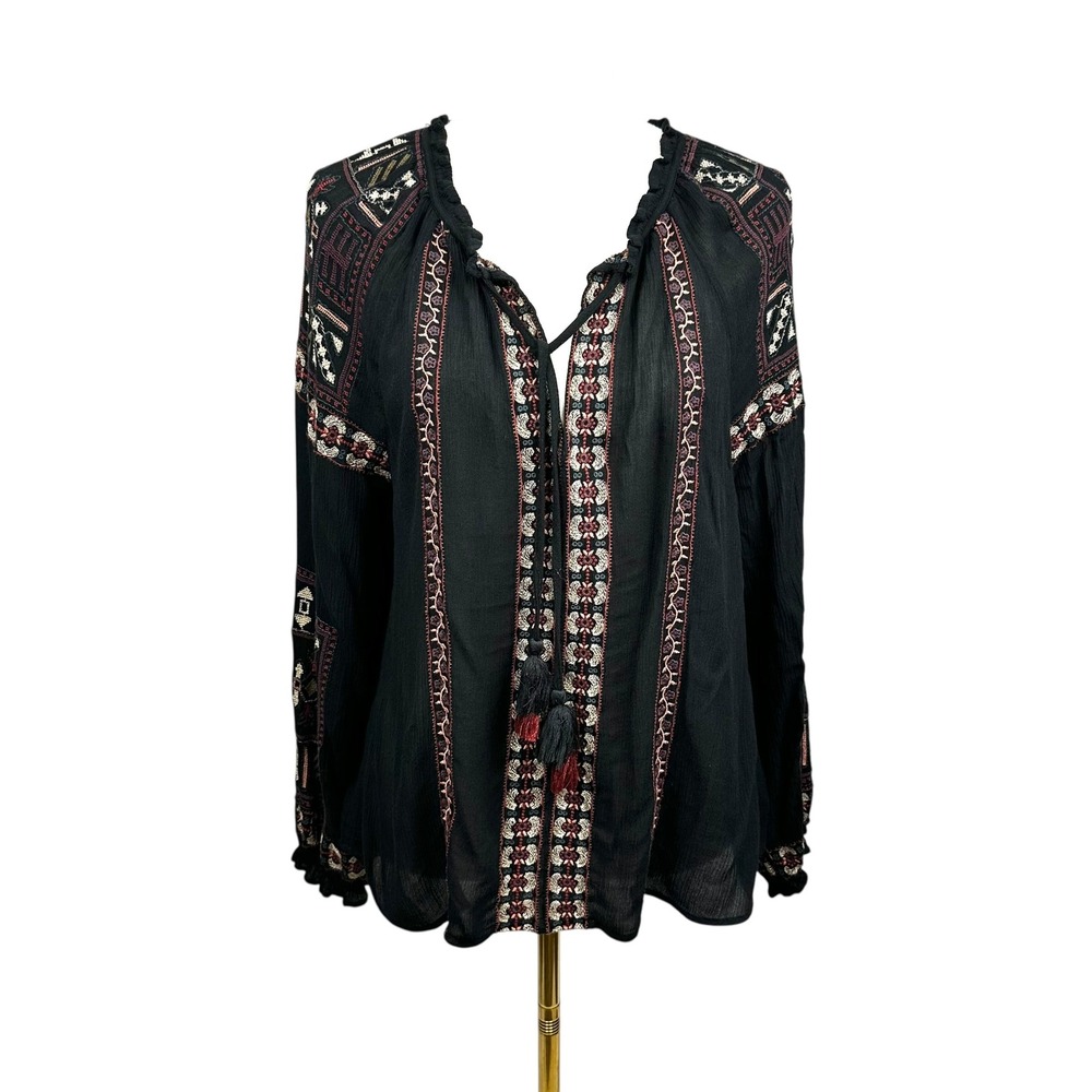 American Eagle Embroidered Long Sleeve Boho Peasant Blouse Black Large Festival